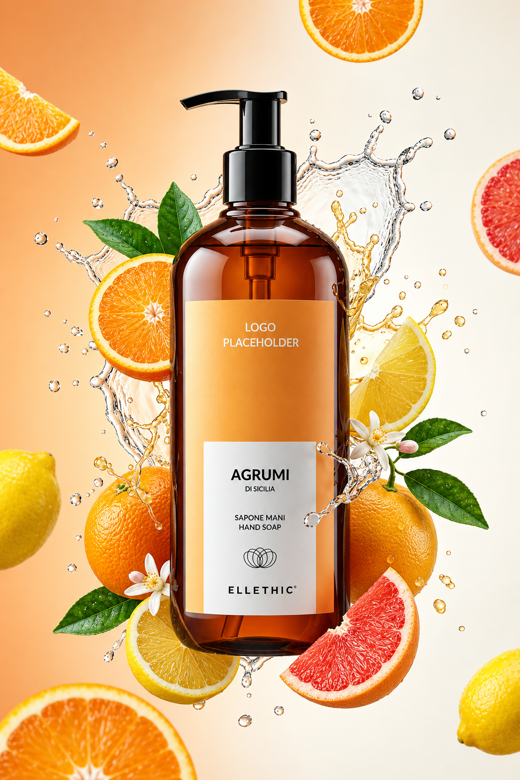 Sapone mani Agrumi con agrumi e spruzzi d’acqua